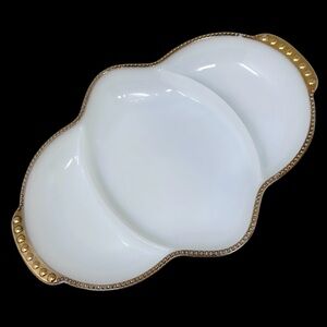 Fire King Vintage Anchor Hocking Milk Glass Divided Gold Trim Relish Tray